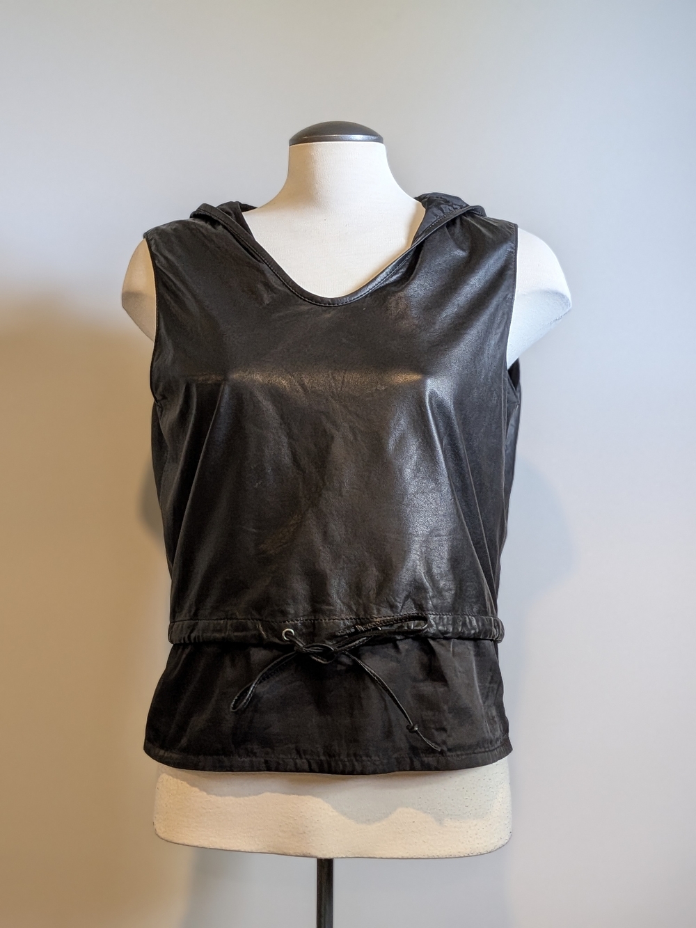 Danier Black Leather Hooded Drawstring Tank Top Vest Sleeveless